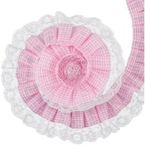 5Yds Pink Gingham Pleated Chiffon Lace Trim 2.5 Inch Gathered Checkered Taffeta Buffalo Plaid Woven Ribbon Organza Mesh Ruffle Fabric Embroidered Applique Edging Trimming for Sewing Dress