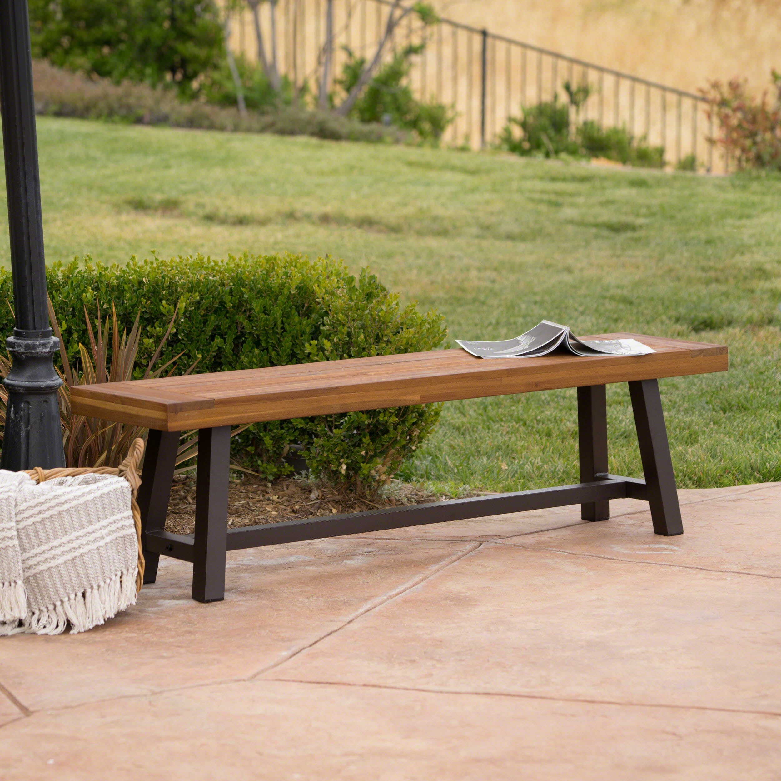 Carly Outdoor Acacia Wood and Rustic Metal Bench, Sandblast Finish ...