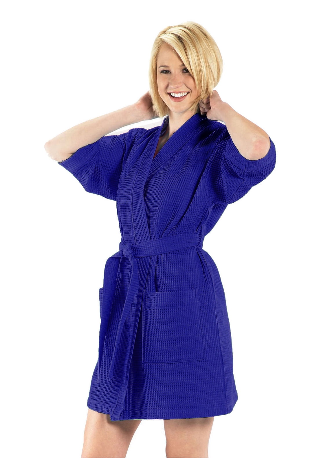 Thigh Length Kimono Waffle Robe for Women, XXL Size, Navy Color