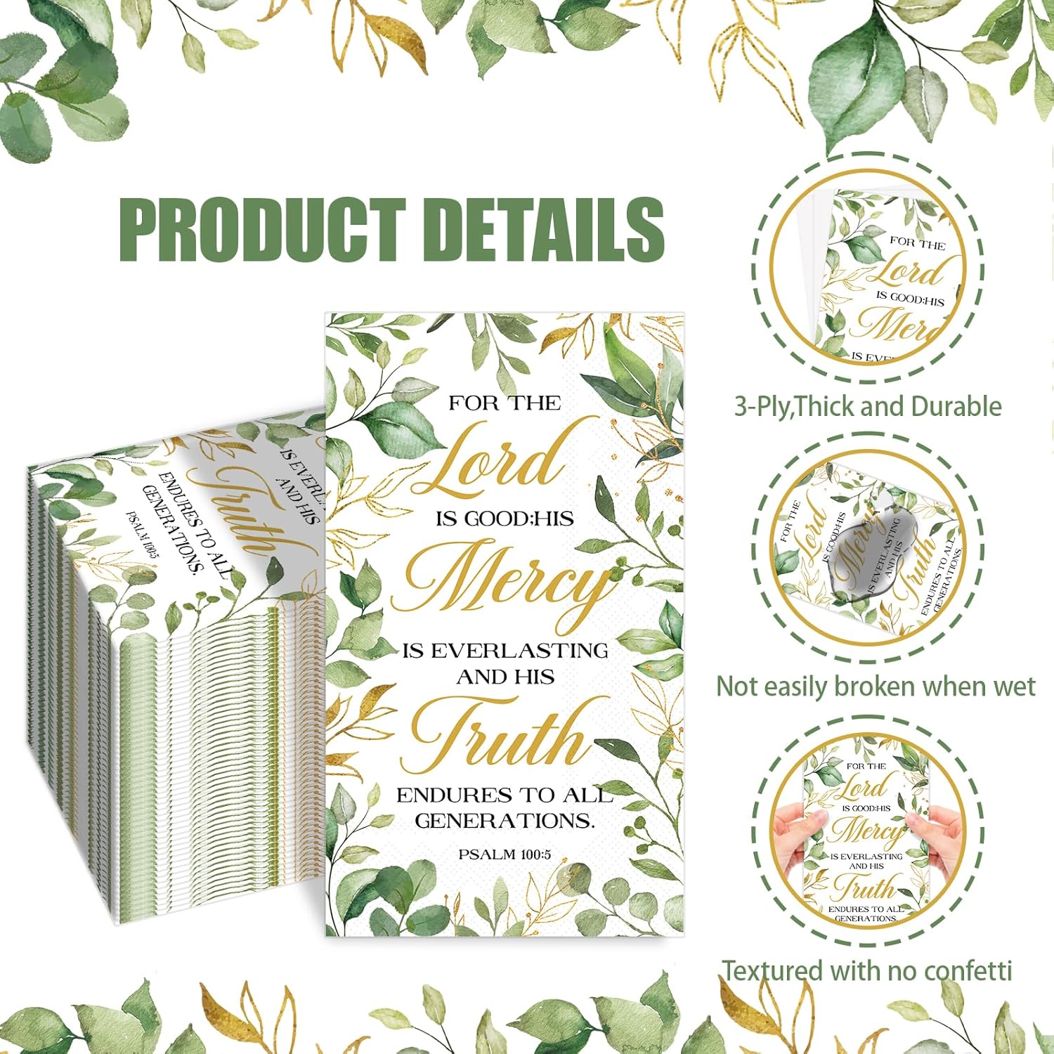 100 Pcs Religious Napkins Disposable Baptism Napkins 3 Ply Christian Eucalyptus Decorative Hand Towels Bathroom Bible Verse Hand Towels for Wedding First Communion Baptism Spring Party