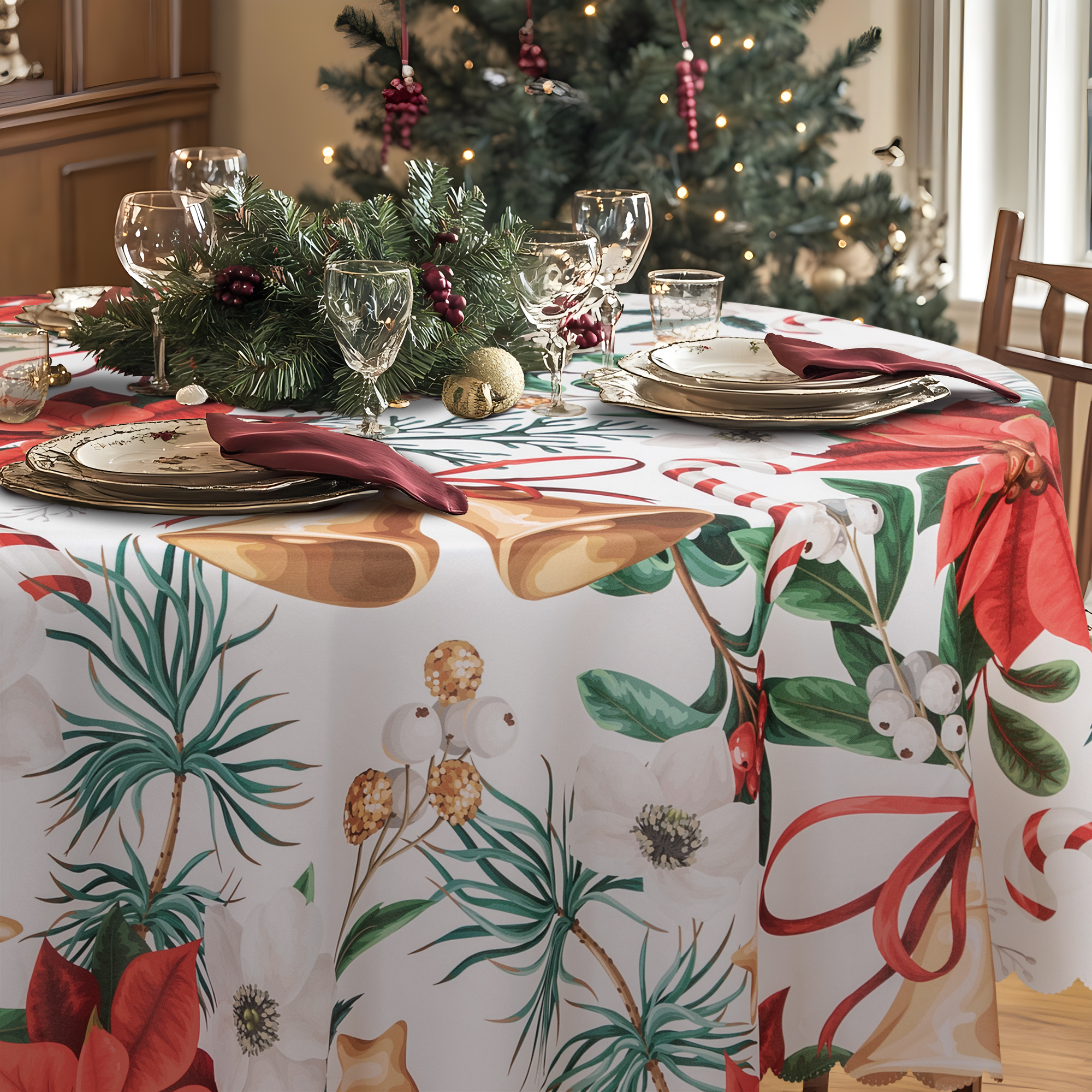RAY STAR Polyester Christmas Tablecloth 60 inch Round Machine Washable Table Cloths, Thick Can not See Through Heavy Duty Tablecloth