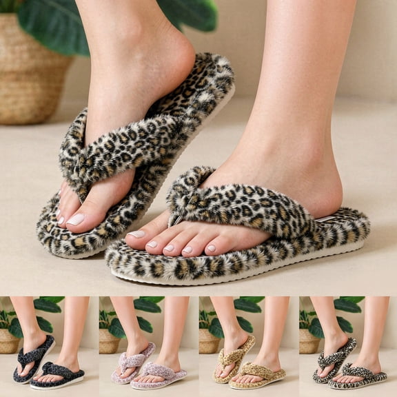 Pandaie Womens Mens Flip Flops Plush Leopard Print Thong Slippers Non Slip Stylish House Spa Soft Outdoor Indoor Walking Home Shoes Size 6‑10