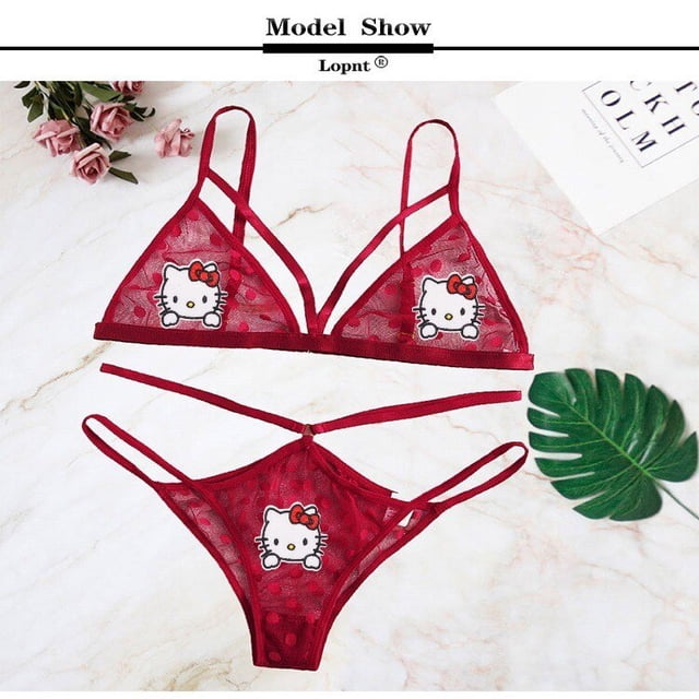 Conjunto de ropa interior de encaje Sexy para mujer, pegatinas bordadas de Hello Kitty, sujetador femenino, bragas Y2K, traje de Bikini Kuromi Melody, regalo