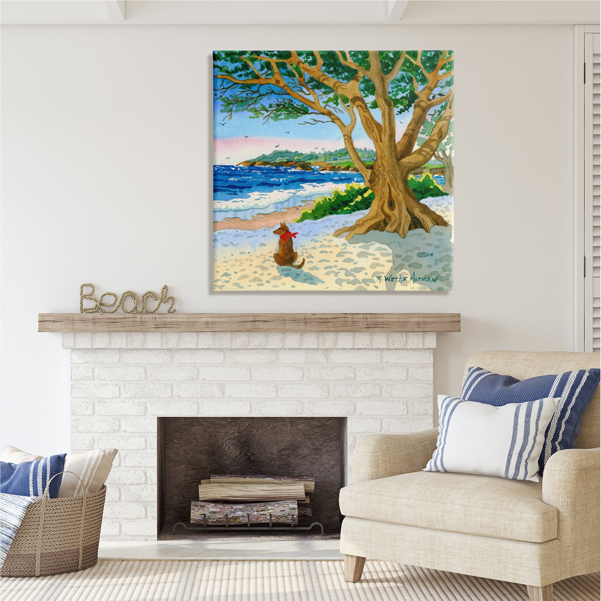 Stupell Industries Dog On Beach Painting Nature Painting Gallery Wrapped Canvas Print Wall Art, 36 x 36