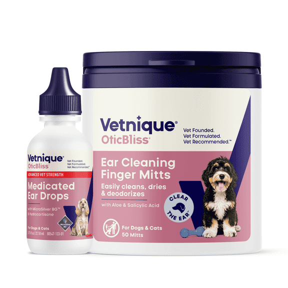OticBliss Ear Care Bundle – Advanced Vet Strength Ear Drops, & Ear Cleaning Finger Mitts for Acute Irritation