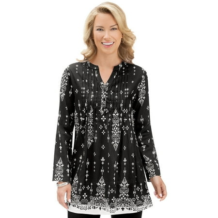 Women's Paisley Border Pintuck Tunic Shirt w/ V-Neckline & Pleated Bust, Xx-Large, (Best Clothes For Large Bust)