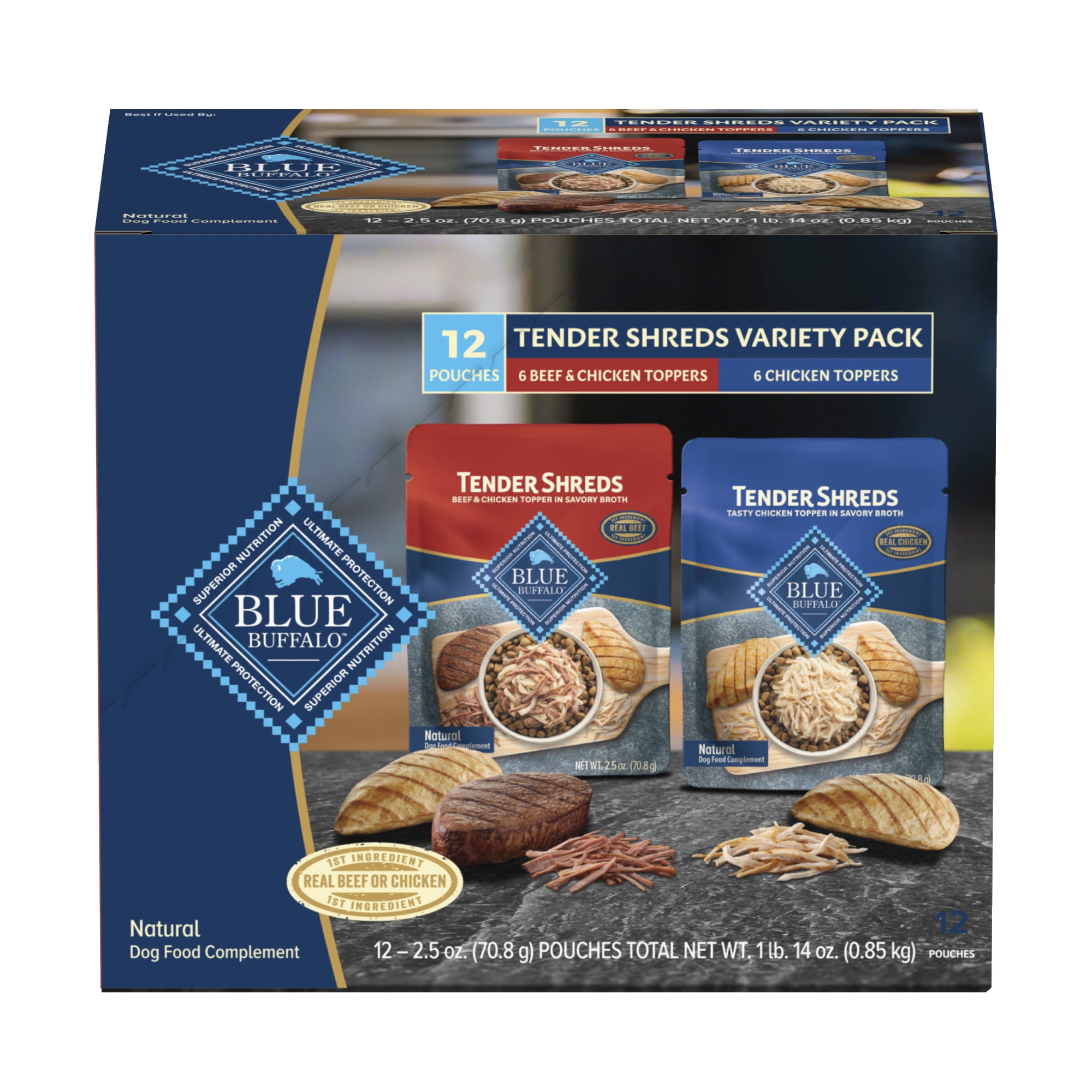 (2 pack) Blue Buffalo Tender Shreds Toppers, Natural Dog Food, 2.5-oz. Pouch, 12-Count Variety Pack
