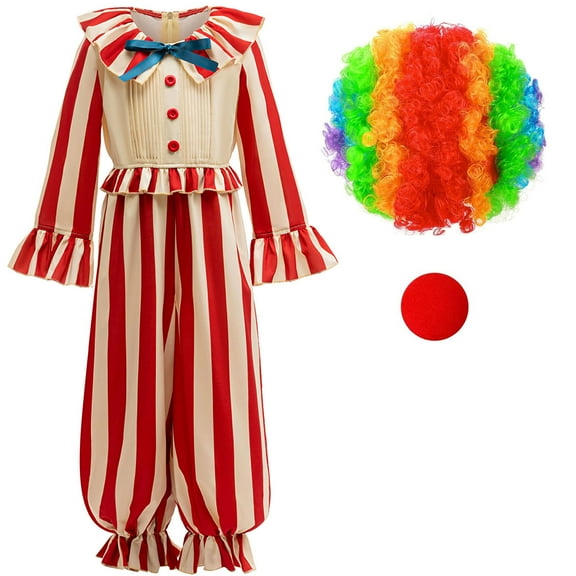 Kids Clown Jumpsuit Outfits with Rainbow Wig&Nose Halloween Costume for Boys Girls, Size 3-4T