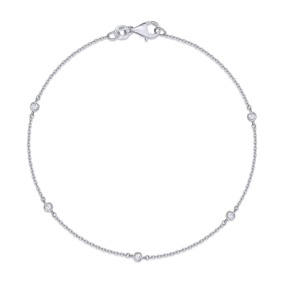 Five Stone Station Link Bracelet for Women | 1/5 Carat Round Lab Grown Diamond Bezel Set Cable Link Chain Bracelets | 14K White Gold Over Sterling Silver (0.20Ctw)-6.00 Inch