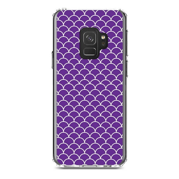 DistinctInk Clear Shockproof Hybrid Case for Samsung Galaxy S9 (5.8" Screen) - TPU Bumper, Acrylic Back, Tempered Glass Screen Protector - Purple White Scalloped Pattern