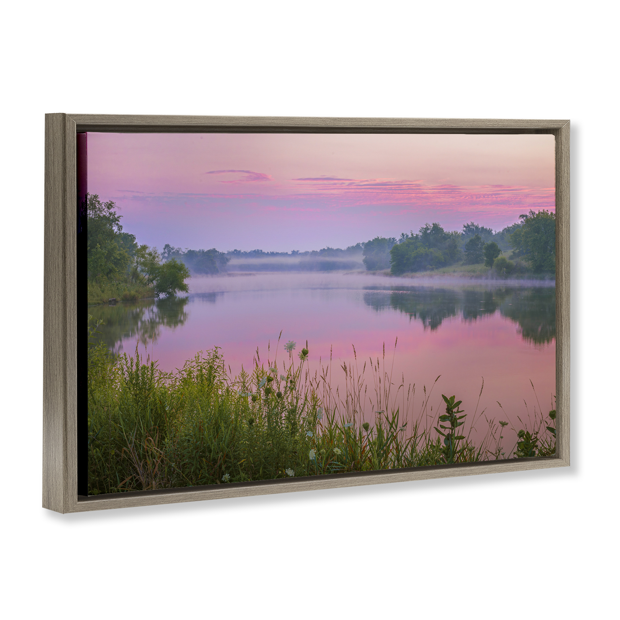 Stupell Industries Pink Dawn Sunrise Lake Landscape & Nature Photography Brown Floater Framed Canvas Art Print Wall Art, 31 x 21