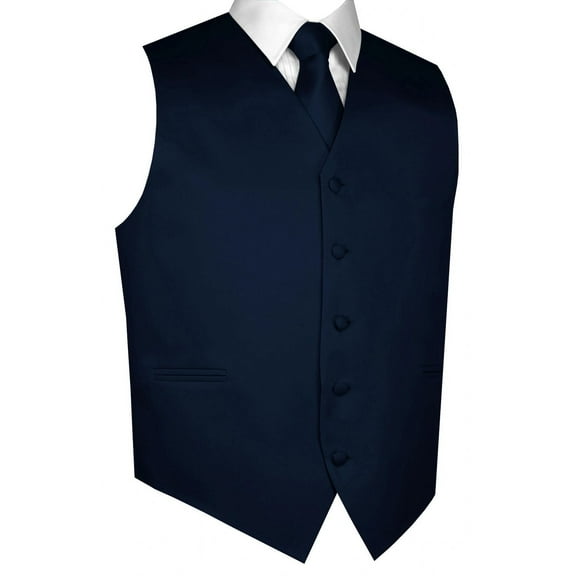 BEST TUXEDO Men's Formal, Prom, Wedding, Homecoming, Tuxedo Vest, Tie & Hankie Set in Navy Solid Satin - L