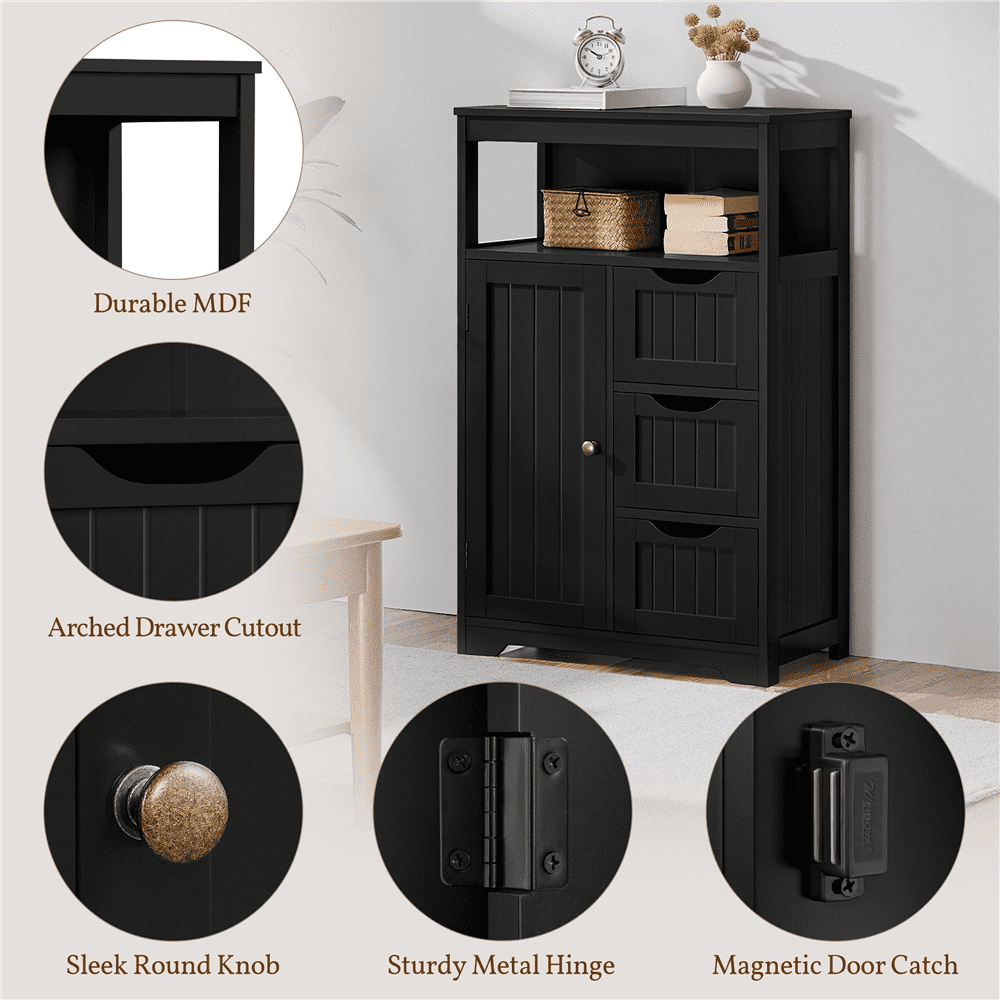 Yaheetech Wooden Floor Cabinet w/ Multi-Tiers & 3 Drawers, Black