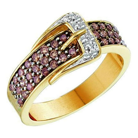 - Brown Diamond Belt Ring Solid 14k Yellow Gold Buckle Band Round Chocolate Cluster Style Fancy 1/2 ctw