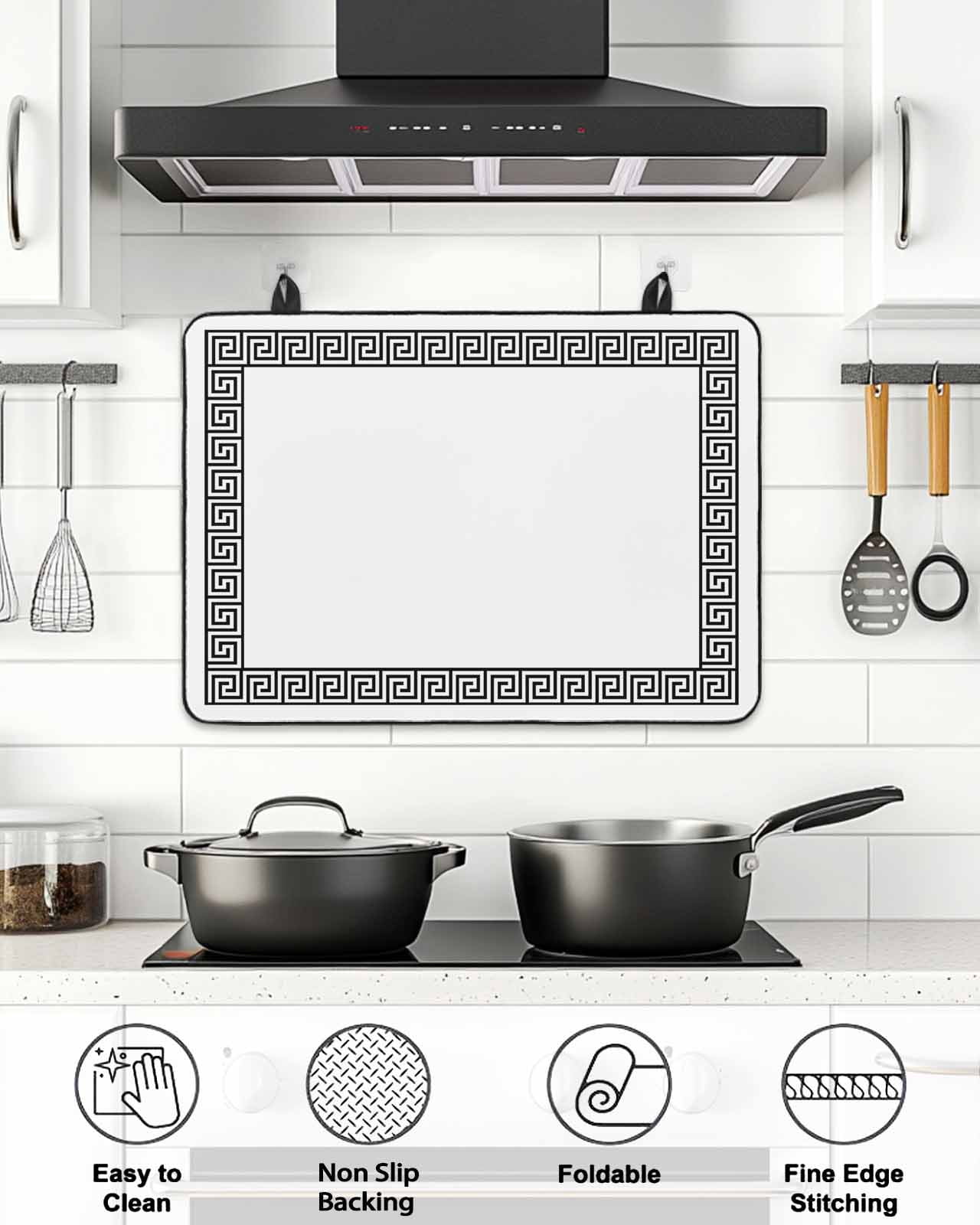 Stove Top Covers for Electric Stove, Black Geometric Glass Stovetop Cover Protector, Modern Key Greek Design Abstract Art Induction Cooktop Protector Oven Mat for Kitchen Countertop 24"x21"