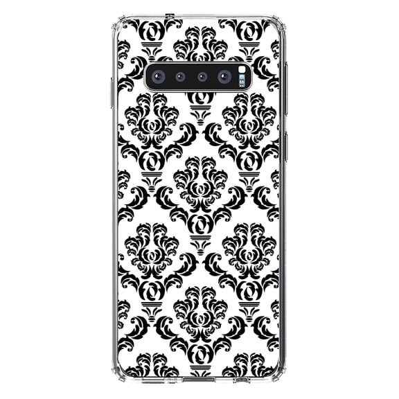DistinctInk Clear Shockproof Hybrid Case for Samsung Galaxy S10 (6.1" Screen) - TPU Bumper, Acrylic Back, Tempered Glass Screen Protector - White Black Damask Pattern - Floral Damask Pattern