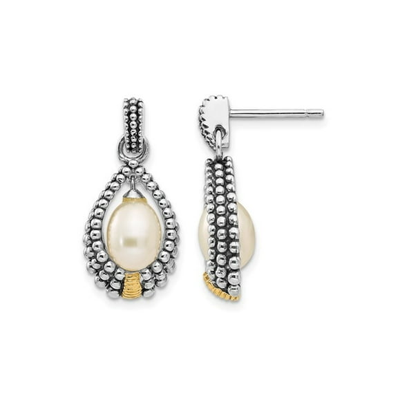 Sterling Silver w/14k 7x5mm Freshwater Cultured Pearl Drop Earrings