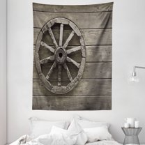 Barn Wood Wagon Wheel Tapestry, Antique Aged Carriage Vehicle Wheel on the Wall of Barn Grunge Western, Wall Hanging for Bedroom Living Room Dorm Decor, 60W X 80L Inches, Umber, by Ambesonne