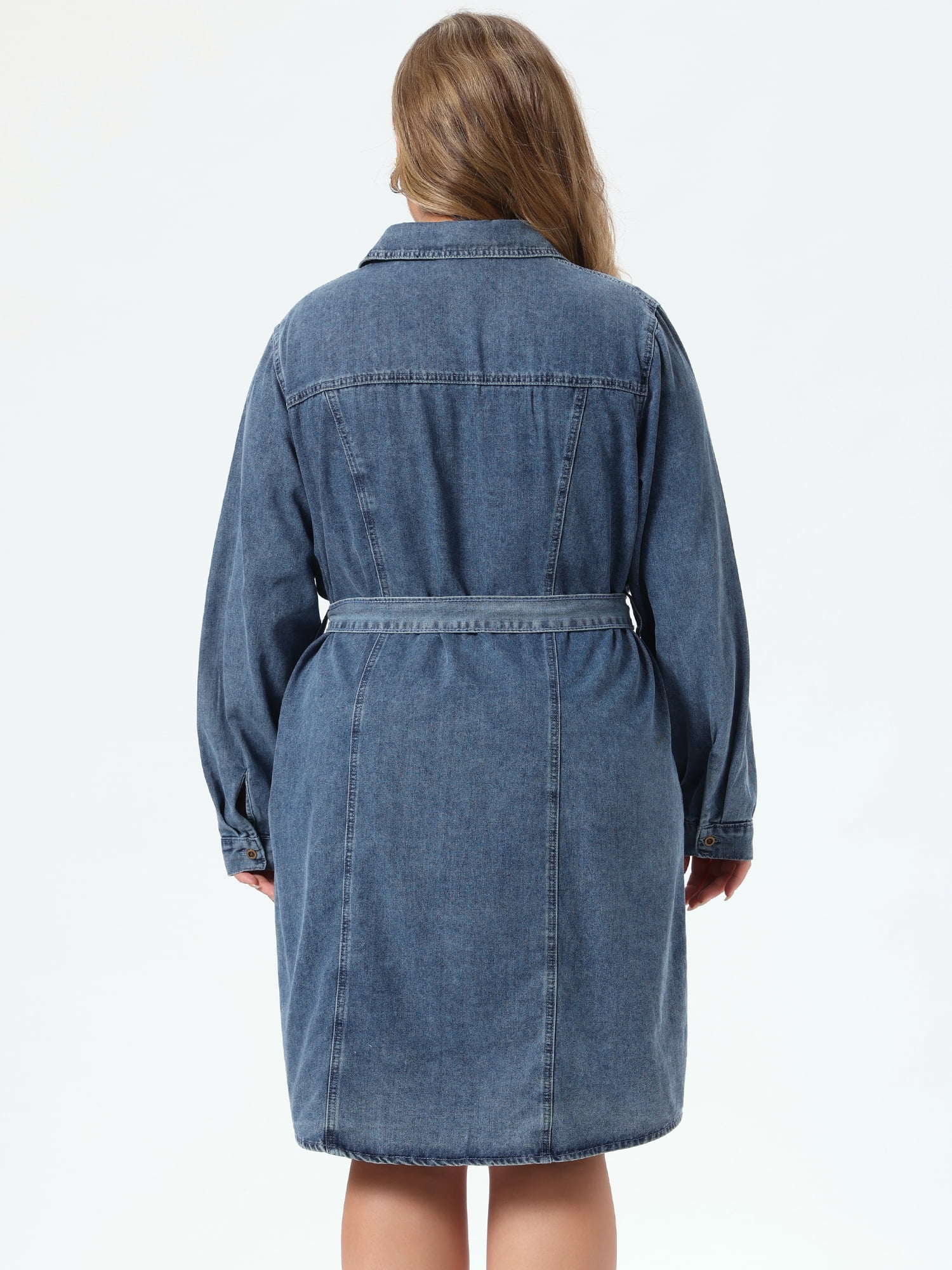 DARING DIVA Women's Plus Size Long Sleeve Belted Above Knee Denim Shirt Dress 3X Gray Blue