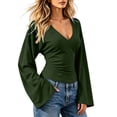 thumbnail image 5 of LUVDA Bell Sleeve Tops for Women V Neck Ruched Long Sleeve Slim Fit Flare Cuff Casual Fall Jersey T-Shirt Blouse, 5 of 8