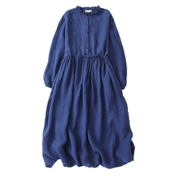 Gfyviroh Women's Long Sleeve Dresses Button Drawstring Tummy Control Dresses Pleated Crewneck Solid Color Midi Dresses