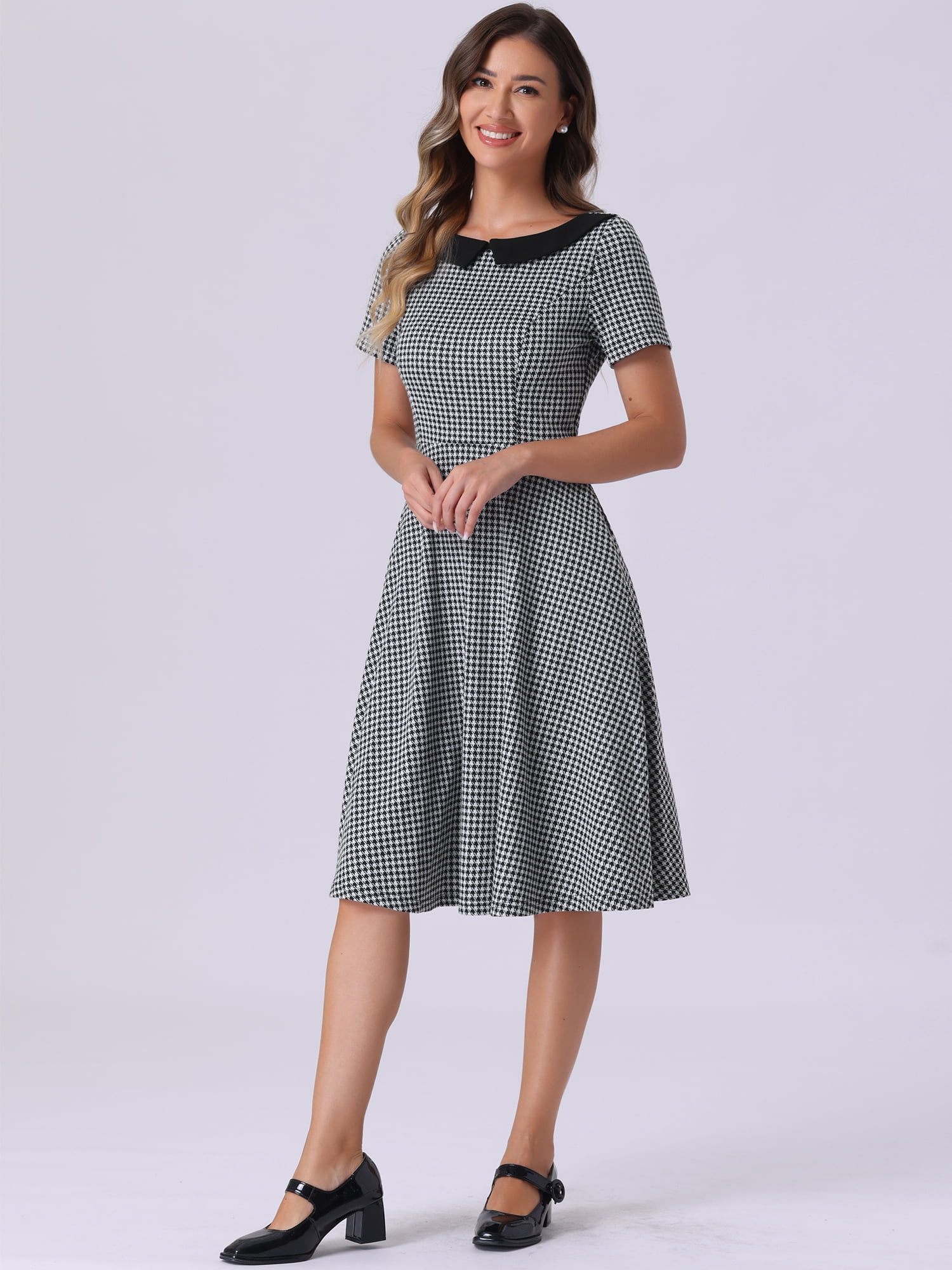 DARING DIVA Houndstooth Boat Neck Short Sleeve A-Line Dress XS Black