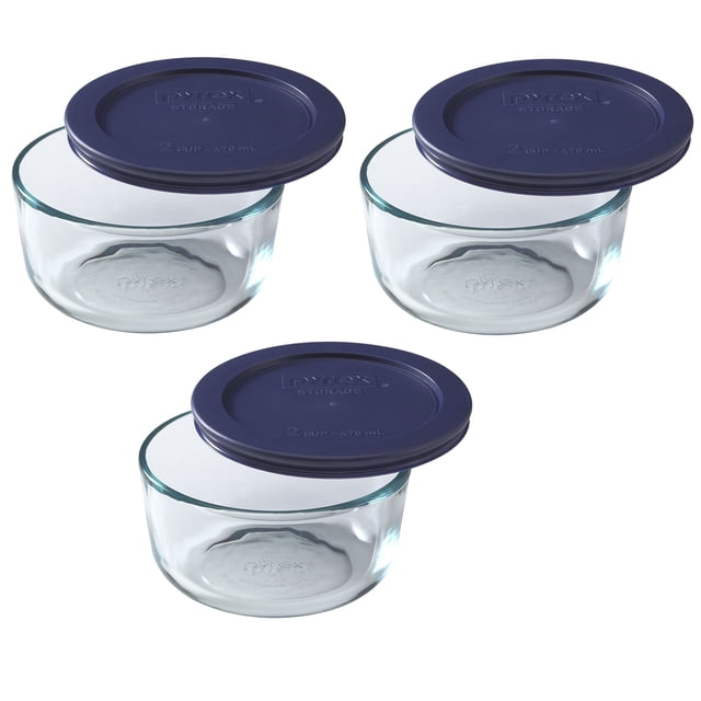 Plato de almacenamiento Pyrex Blue redondo de 2 tazas (paquete de 3) con tapa de plástico