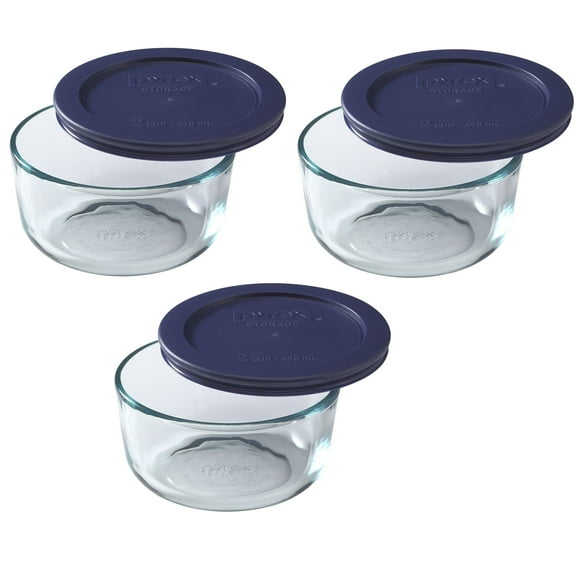 Plato de almacenamiento Pyrex Blue redondo de 2 tazas (paquete de 3) con tapa de plástico