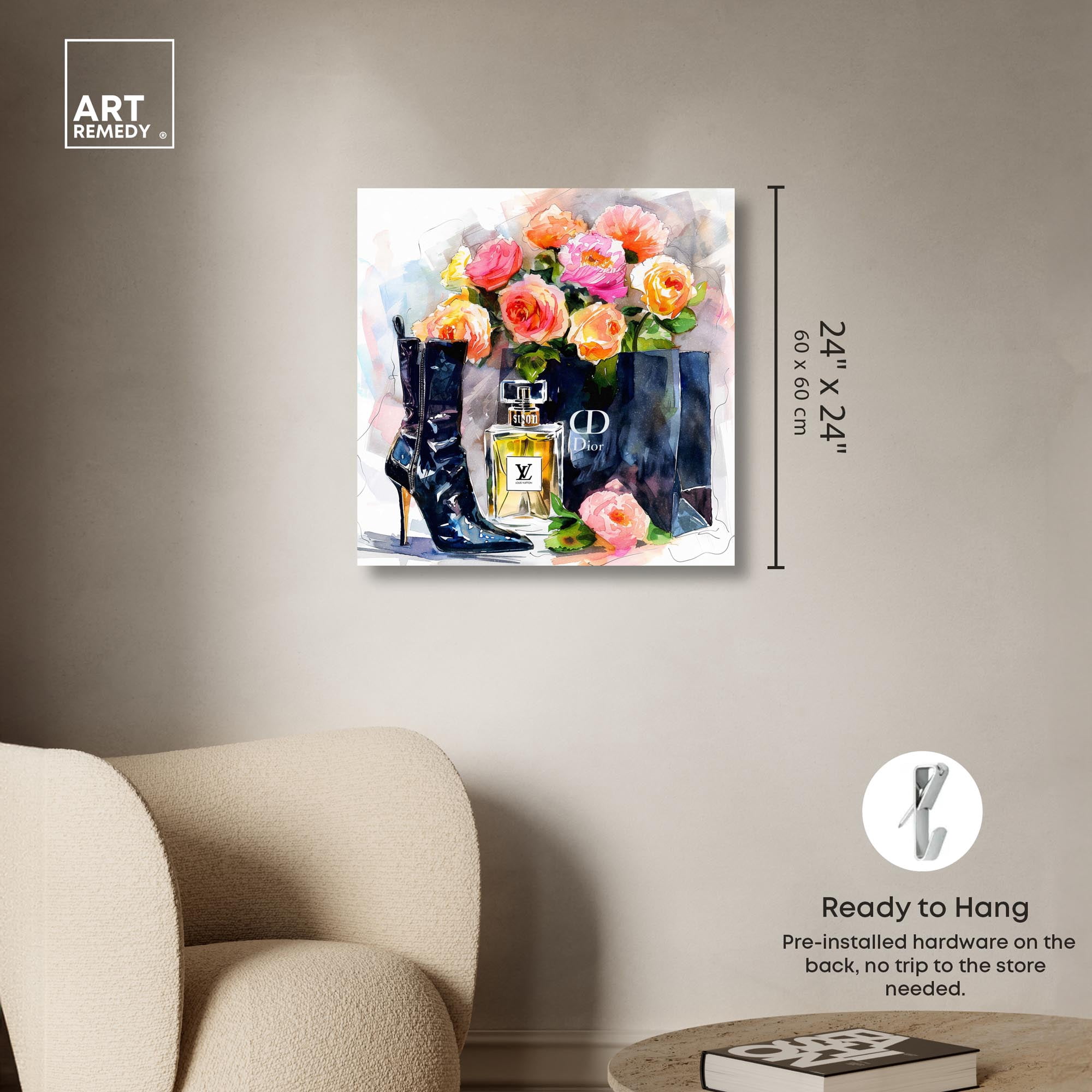 Boot with Perfume and Shopping Bag Canvas Fashion Art Prints by Art Remedy, Gallery Wrapped, 24" x 24"