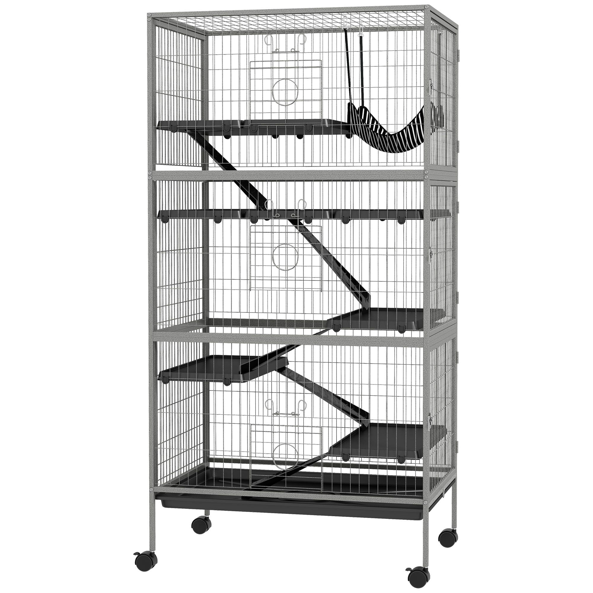 63 Inch Mobile Ferret Cage with Hammock 6 Access Doors Removable Tray Ideal for Chinchillas and Small Pets