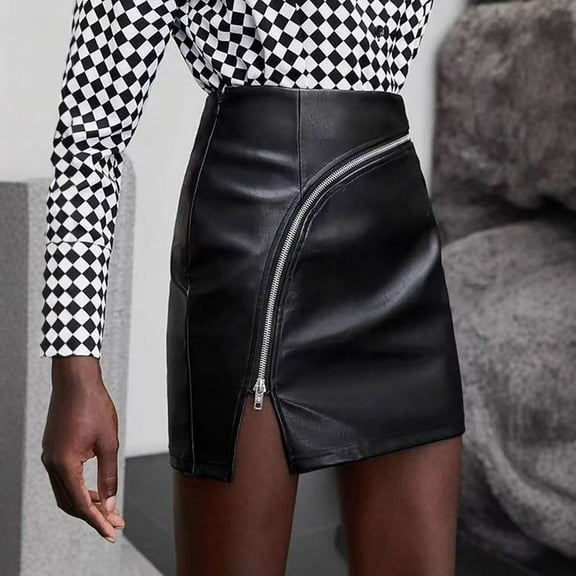 Faux Leather Mini Skirt with Asymmetric Zipper (S, Black)