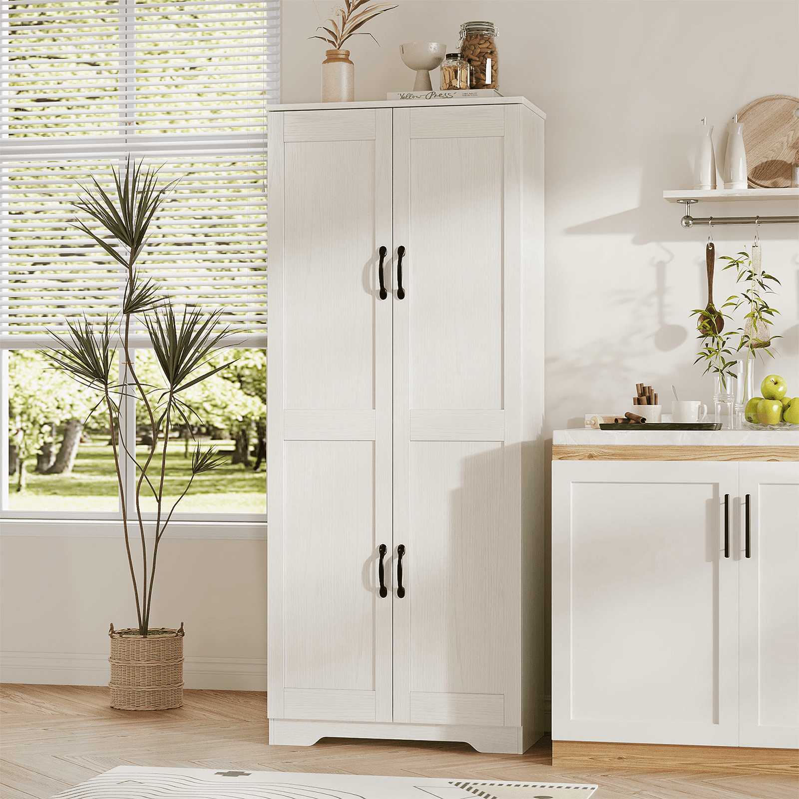 60" Freestanding Pantry Cabinet with Adjustable Shelves, Kitchen Storage Cabinet with Doors, Modern Food and Bathroom Organizer for Small Spaces, Dining Room