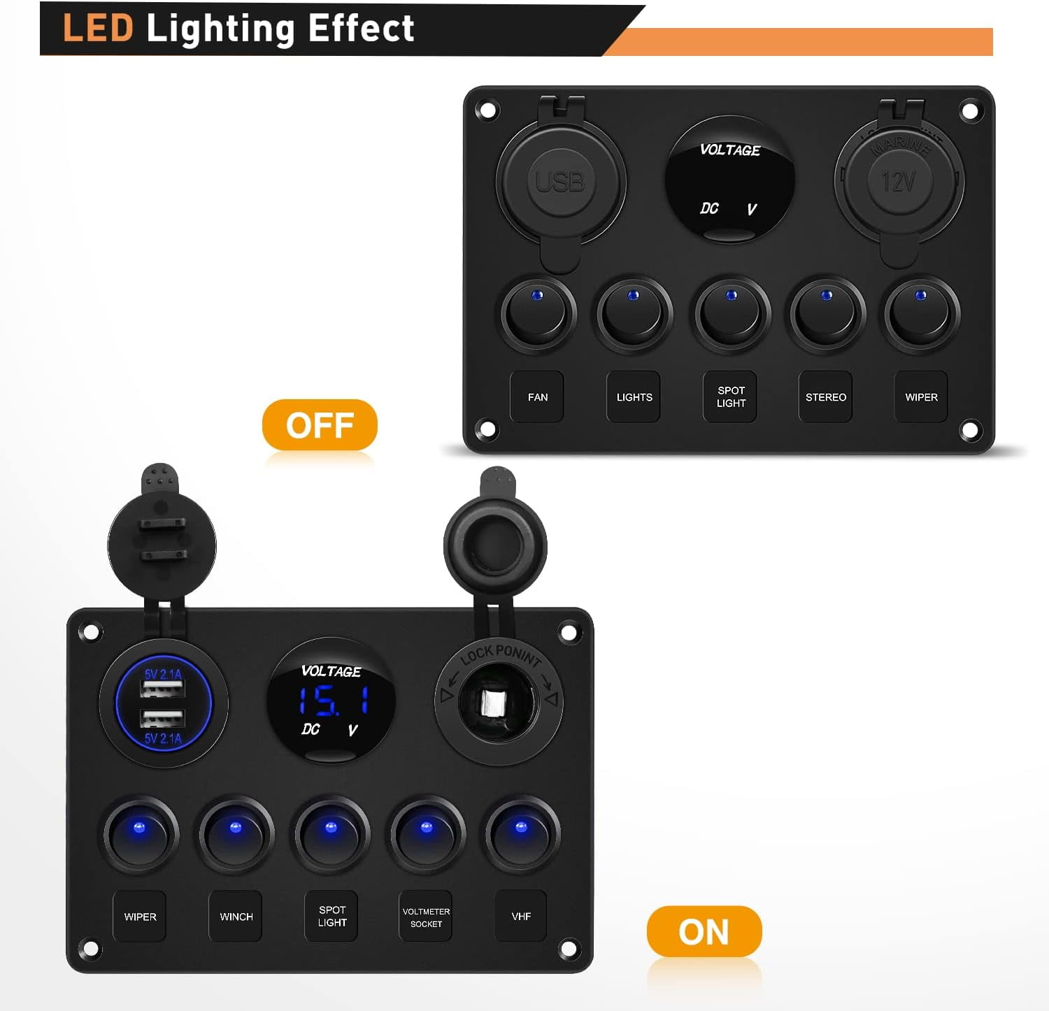DEXIMRO Multi-Function 5 Gang Rocker Switch Dual USB Charger Digital Volmeter 12V Outlet Pre-Wired Switch Panel Blue with Circuit Breakers for RV Car Boat Truck Trailer