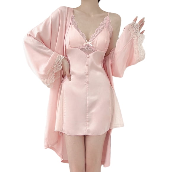 Conjunto de pijama para mujer, bata de seda con camisón sexy, 2 piezas, camisón de encaje con cuello en V