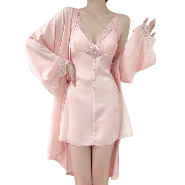 Conjunto de pijama para mujer, bata de seda con camisón sexy, 2 piezas, camisón de encaje con cuello en V