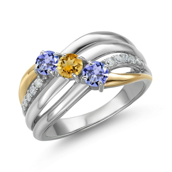Gem Stone King 925 Silver and 10K Yellow Gold Blue Tanzanite and Yellow Citrine and Lab Grown Diamond Engagement Ring for Women | 1.01 Cttw | Round 4MM | December Birthstone | Size 7