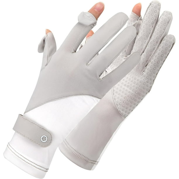 Guantes de protección UV para mujer, guantes transpirables para el sol, guantes antideslizantes para pantalla táctil para conducir, ciclismo, golf, senderismo, pesca, 1 par (gris blanco)