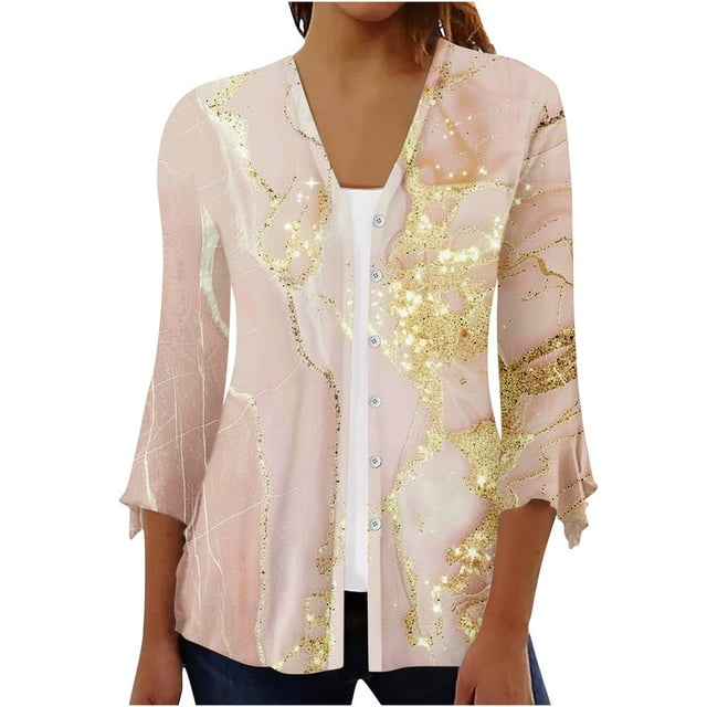 Cárdigan de botones para mujer, chaqueta estampada, chaqueta de cárdigan con cuello y mangas 3/4, chaqueta de cárdigan informal, cárdigan de algodón de imitación para mujer