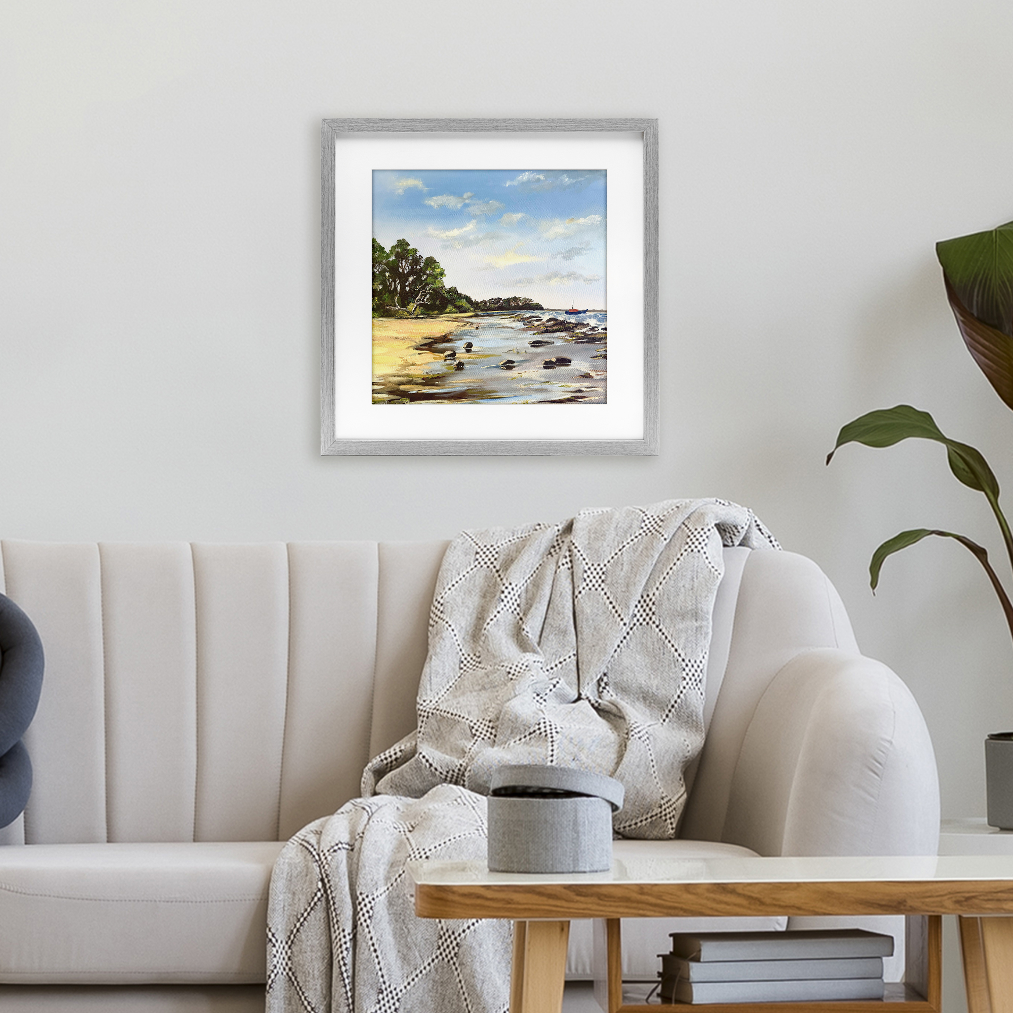Low Tide Seascape Gray Framed Print Under Glass, design by Patricia Reynolds