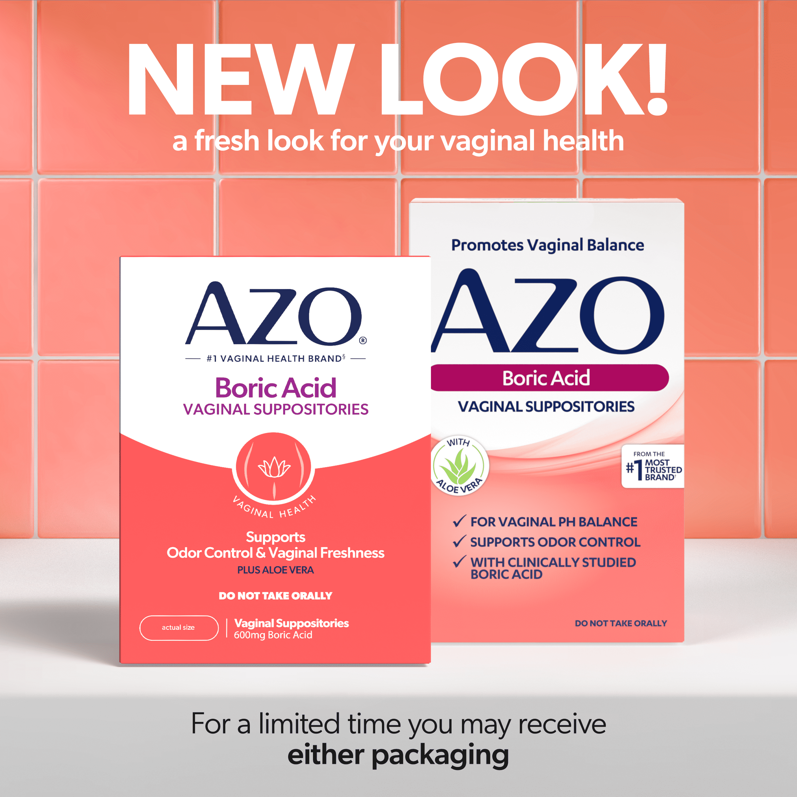 AZO Boric Acid Vaginal Suppositories with Aloe Vera, Supports Odor Control & Freshness Naturally, 30 Count