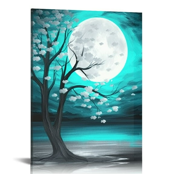 Creowell Grey and Teal Floral Canvas Prints Framed Plum Blossom Tree Oil Painting Printed on Canvas Gallery Wrapped Full Moon Flower Pictures Living Room Paintings 16x20 in/12x16 in