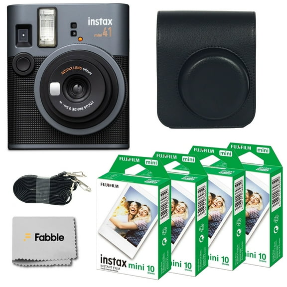 Fujifilm Instax Mini 41 Instant Film Camera Bundle with Groovy Case For Fuji Instax Mini 41, Twin Pack Film (40 Sheets) and Cleaning Cloth – Black (5 Items)