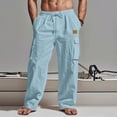 thumbnail image 2 of JUUYY Men's Cotton Linen Casual Cargo Pants Relaxed Fit Elastic Waist Drawstring Beach Pants Multi Pockets Lightweight Vacation Pants Light Blue XL, 2 of 6