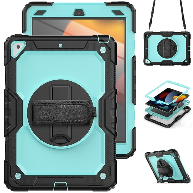 Case for iPad Air 3rd Generation 2019/iPad Pro 10.5 Inch 2017 with Screen Protector, 360 Degree Rotating Kickstand Hand Strap Heavy Duty Shockproof Cover with Shoulder Strap, Sky Blue PC