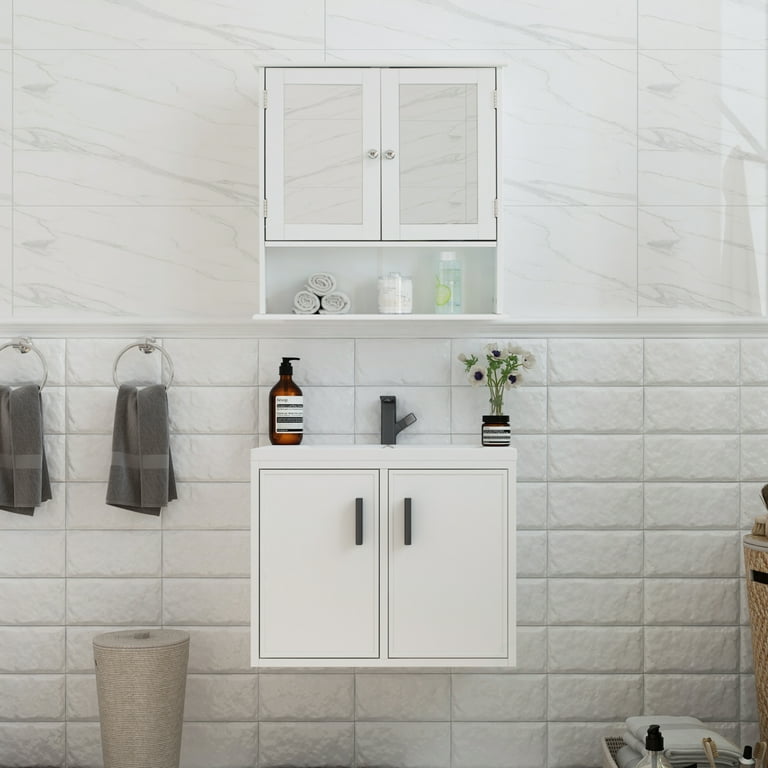 Basicwise Wall Mount Bathroom Mirrored Storage Cabinet With Open Shelf