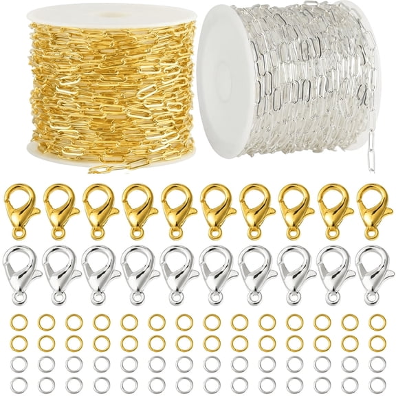 2 Rolls Total 65.6 Ft Paperclip Chain for DIY Jewelry Making, Silver & Gold Bulk Chain Links with Lobster Clasps and Jump Rings, Jewelry Craft Making Supplies