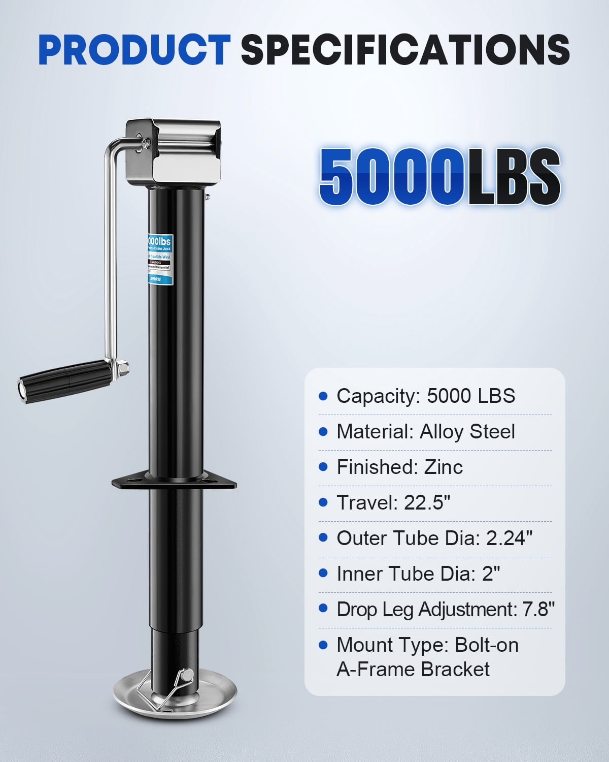 Kohree 5000lb A-Frame Trailer Jack, Trailer Stand with Handle & Rectangular Base, 15-inch Vertical Lift for RVs, Horse, Utility, and Yacht Trailers