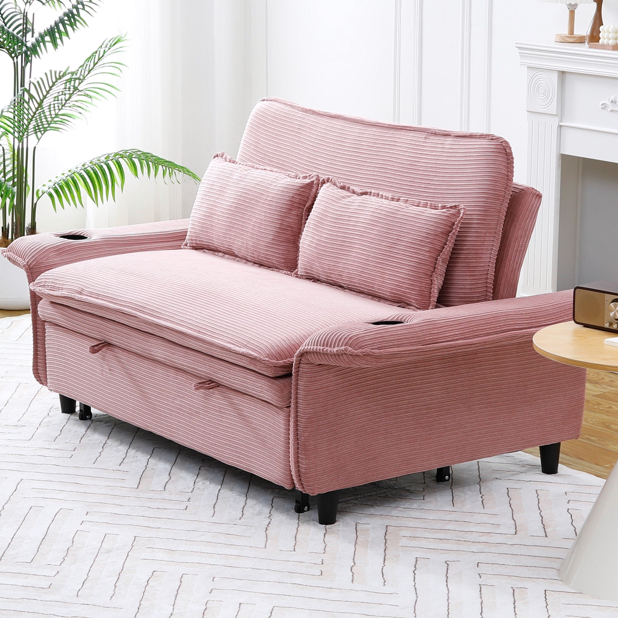 Gewnee 66''Pull-Out Sofa Bed,Adjustable Armrests and Backrests with Cup Holders,Multi-Functional Sofa Bed Suitable for Living rooms and Bedrooms.(Pink)