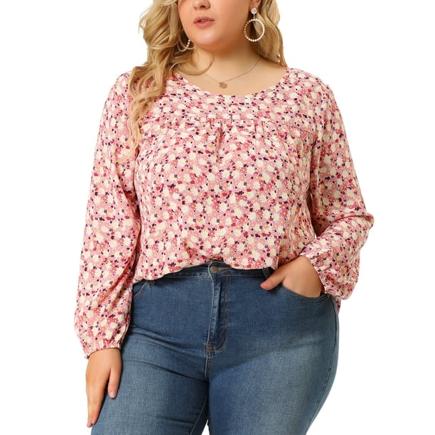 Women's Plus Size Top Round Neck Pleated Yoke Ditsy Floral Printed Elastic Cuff Ruffle Peasant Peplum Blouses Pink 3X