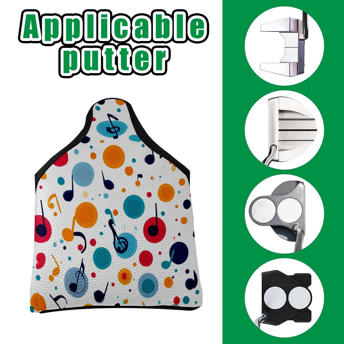 Golf Mallet Putter Cover Premium Leather Waterproof Golf Putter Head Cover with Magnetic Closure Musical Note Pattern